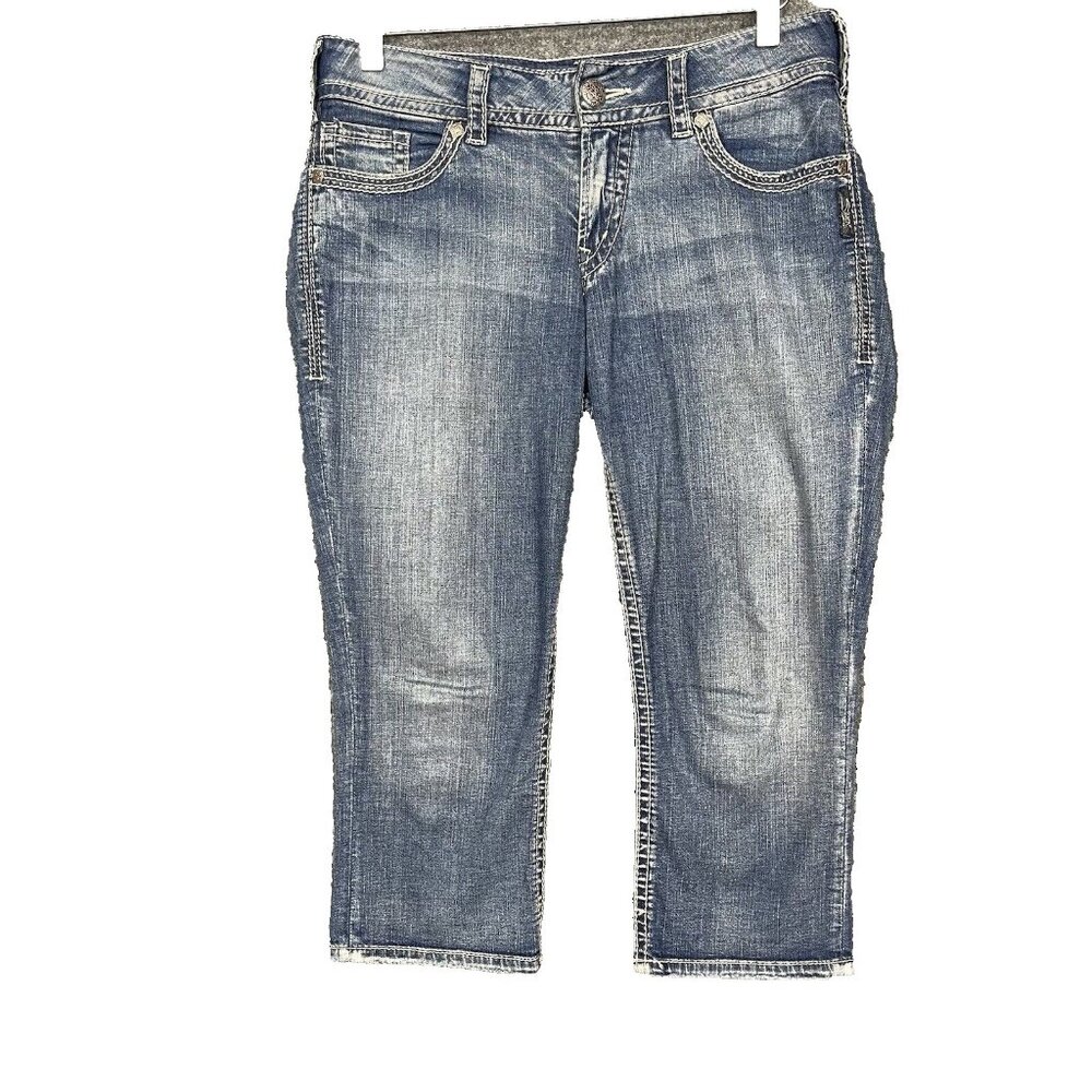 Silver Jeans Womens 28W Blue Suki Surplus Capri Embroidered Flap Pockets Stretch